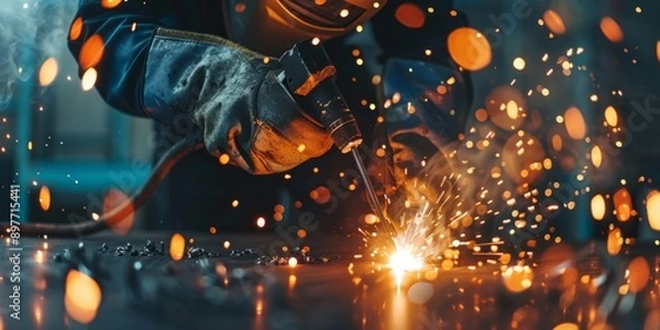 Fototapeta Skillful metal worker working with arc welding machine in factory while wearing safety equipment. Metalwork manufacturing and construction maintenance service by manual skill labor concept