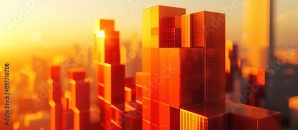 Fototapeta Sunset orange 3D blocks climb steadily, symbolizing long-term investment growth on a clear day background.