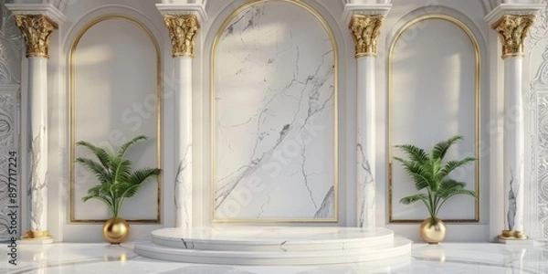 Fototapeta white marble product podium display for luxury product presentation, beautiful golden decoration in the background