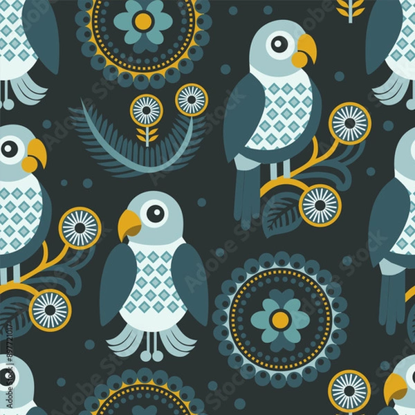 Fototapeta cute parrots on a dark background. seamless pattern