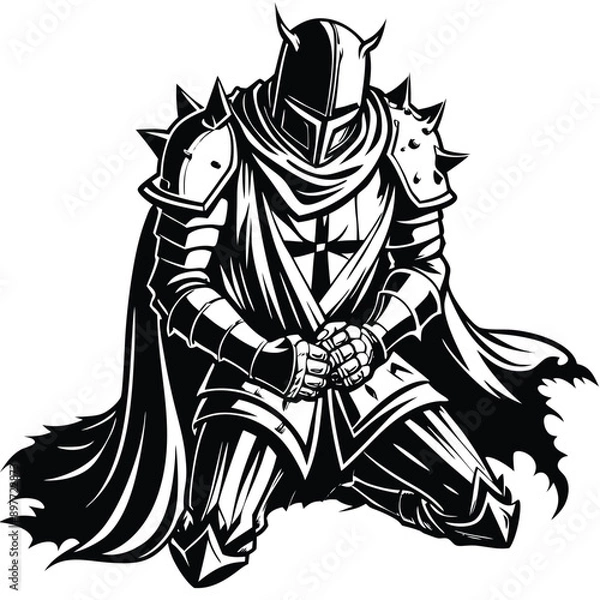 Fototapeta Knight kneeling with a torn coat of arms