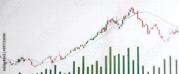 Fototapeta White background featuring a financial chart with a consistent upward rise in stock prices.