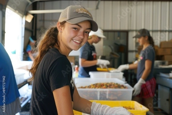 Obraz Teenagers volunteering at a local shelter, preparing food with smiles in a supportive environment