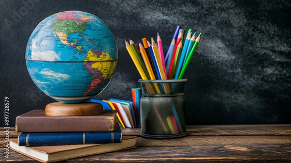 Fototapeta Globe, Colorful Pencils and Books on Wooden Desk with Blackboard Background, Back to School Supplies and Classroom Learning Concept