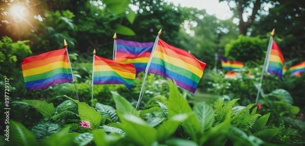 Obraz A rainbow flag wave in the wind against a cloudy sky, a sign of peace, new beginnings and change. A sign of tolerance and acceptance of the diversity of life forms