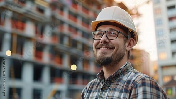 Fototapeta Construction Worker Smiles: A construction worker beams with pride as he stands on a job site, his hard hat and plaid shirt signifying his dedication to building something new. 