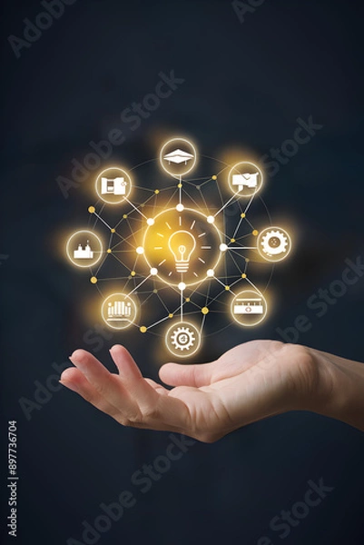 Fototapeta Businessman hand holding network icon symbolizing global connection and teamwork for success