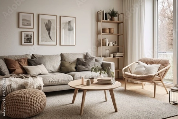 Fototapeta a living room with a couch and a coffee table