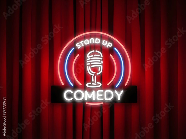 Fototapeta Stand-Up Comedy Neon Sign: A vibrant red curtain sets the stage for laughter with this electrifying neon sign, its glow illuminating "Stand Up Comedy" in bold letters. 