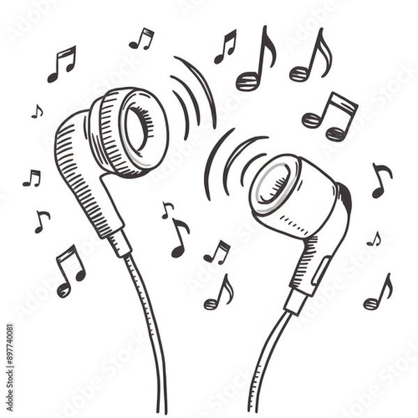 Fototapeta Hand-Drawn Earbuds with Music Notes: A delightful sketch of earbuds with musical notes, capturing the joy of listening to music. Perfect for audiophile blogs, music lover websites, or illustrating the