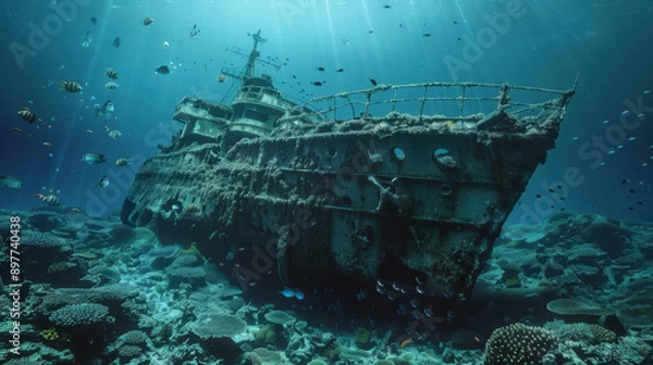 Fototapeta An old Second World War ship sunk a long time ago at the bottom of the ocean.