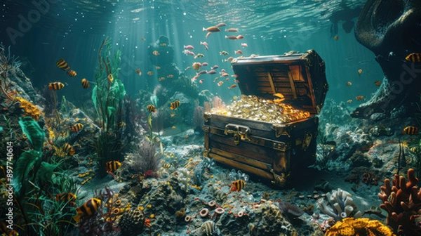Fototapeta An ancient treasure chest sunk a long time ago at the bottom of the ocean.