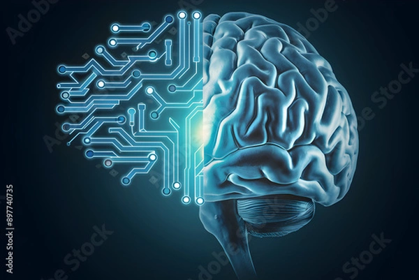Obraz The Convergence of Mind and Machine: A human brain seamlessly merges with intricate circuitry, symbolizing the dawn of artificial intelligence and its boundless potential.