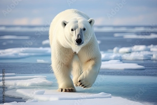 Fototapeta graceful and powerful polar bear on ice