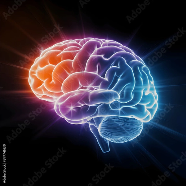 Fototapeta Brainpower Illuminated:  A vibrant, abstract illustration of the human brain bathed in a kaleidoscope of neon light, symbolizing the power, potential, and complexity of human thought and creativity.  