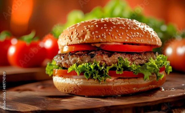 Obraz hamburger on a wooden table