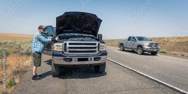 Obraz Blue pickup truck breaks down on the shoulder of a freeway while owner tries to assess the problem.