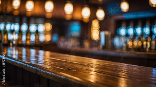 Fototapeta Wooden bar counter, bar with drinks in the background, bokeh background.