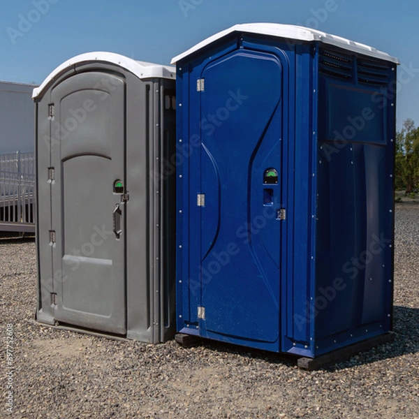 Obraz Two porta potty toilets outside near raceway.