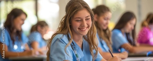 Fototapeta A group of medical students in scrubs, Student nurses taking an exam in a classroom