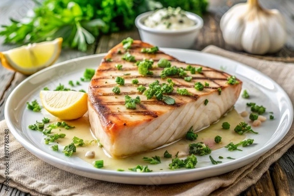 Fototapeta Freshly grilled swordfish steak, seared to perfection, served on a white plate with a sprinkle of parsley and a side of garlic butter sauce.