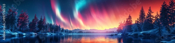 Obraz fantasy aurora borealis over forest, dramatic Northern lights over water, panorama landscape view. Design for Wall Art, Poster Print, Wallpaper & Background