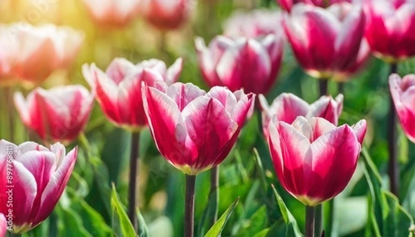 Obraz Pink tulip bloom, red beautiful tulips field in spring time with sunlight