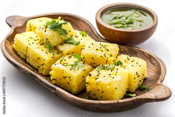 Fototapeta Plate of tasty Dhokla with on white background.