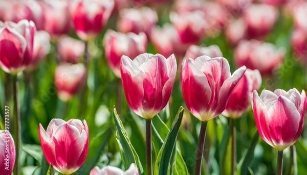 Obraz Pink tulip bloom, red beautiful tulips field in spring time with sunlight