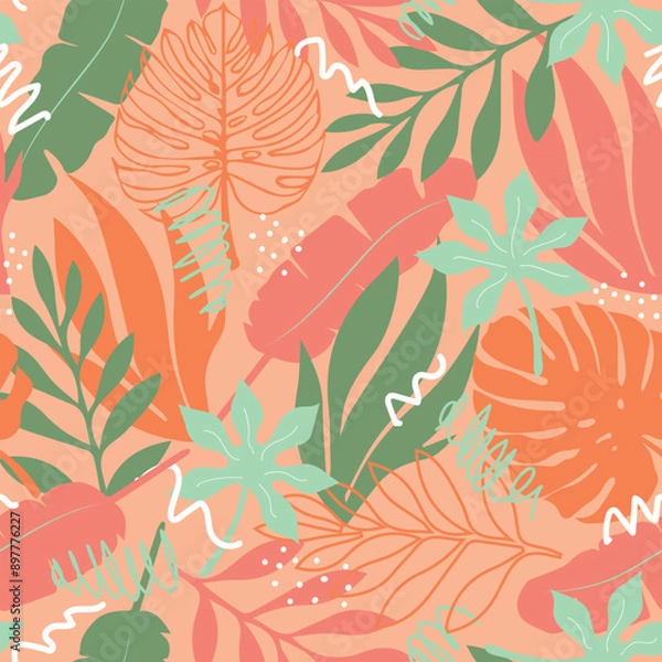 Fototapeta Peach Fuzz leaves seamless pattern. 