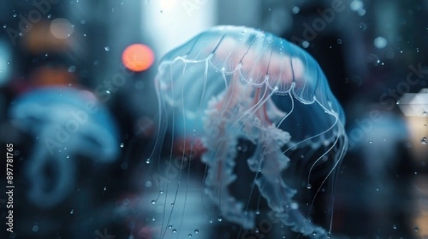 Fototapeta A graceful jellyfish floats effortlessly in an urban underwater environment, depicted in vivid detail, capturing both the beauty of marine life and the mystery of deep waters.