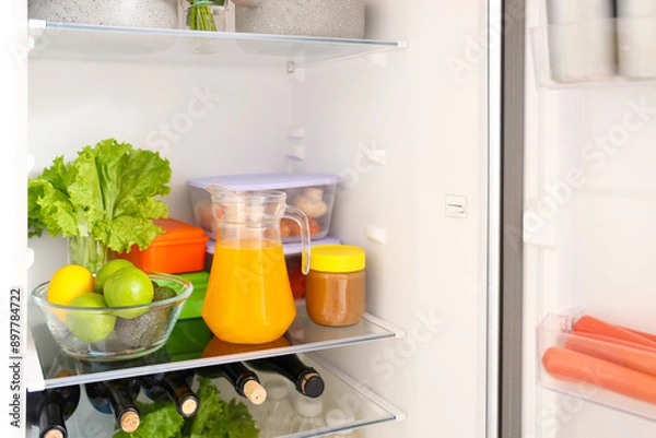 Fototapeta Different fresh products in fridge. Closeup