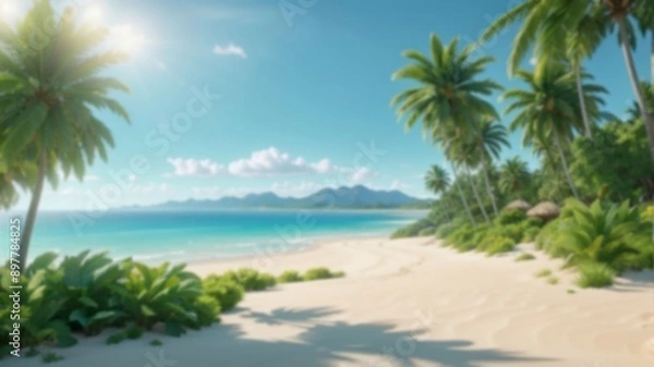 Fototapeta A blurred, out-of-focus view of a tropical beach with palm trees swaying in the wind, white sand, and a clear blue ocean, copy space