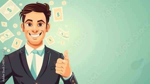Fototapeta Pastel illustration of a successful businessman giving a thumbs up, with floating money and business icons, and ample copy space