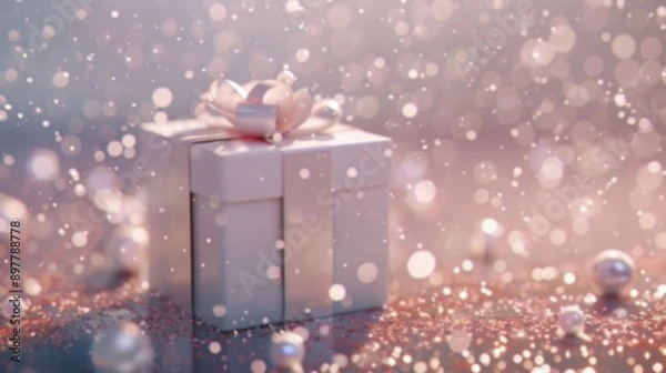 Fototapeta A gift box with a white bow sits on a sparkling, out-of-focus background, copy space