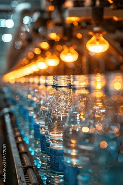 Fototapeta Automated Bottling Line with Plastic Water Bottles and Warm Industrial Lighting in a Modern Factory