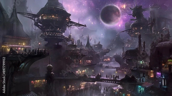 Fototapeta 18. Design an alien cityscape with bizarre architecture and glowing pathways winding through a bustling marketplace under alien skies.