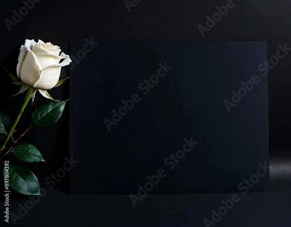 Fototapeta Blank condolence card, memorial card, greeting card with fresh Rose on the dark background. Empty place for a text.