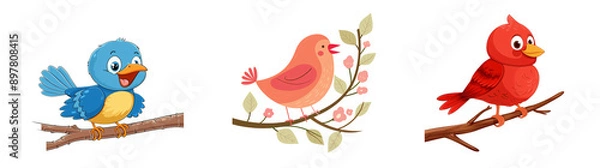 Fototapeta Three Birds Perched on Branches