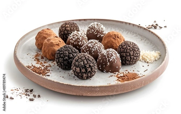 Fototapeta Board and plate of tasty Truffles with on white background.