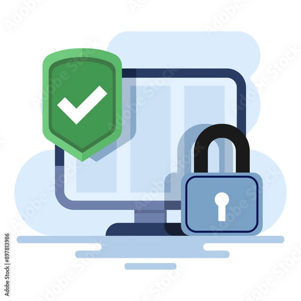 Fototapeta Laptop security protective shield concept. Cyber ​​security. Data protection. Digital access and online security. computer services and electronic information. flat vector illustration on background.