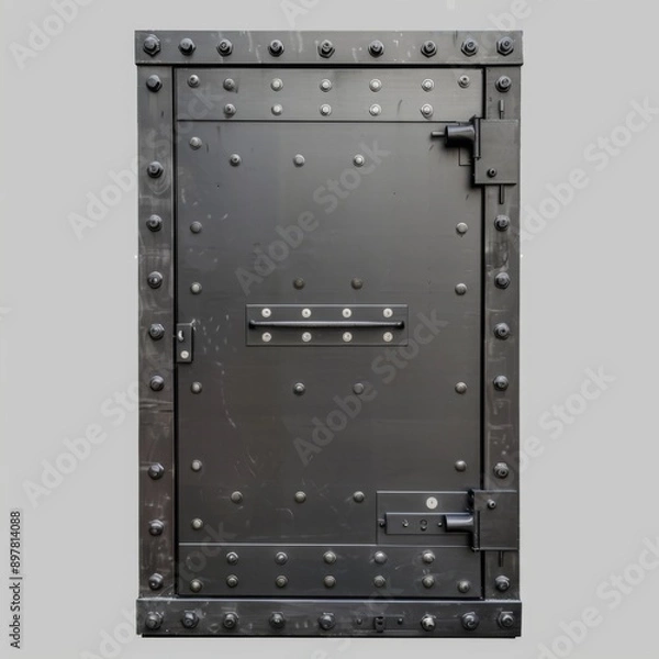 Fototapeta A heavy, metal door with rivets and multiple locks. The door is closed, suggesting security and protection.