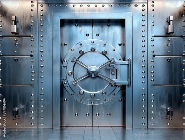 Fototapeta A large, imposing metal vault door with a heavy, circular lock. The door is surrounded by other smaller vault doors.