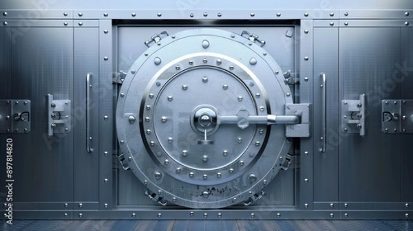 Fototapeta A large, steel vault door with a heavy, circular lock. The door is closed and appears to be very secure.