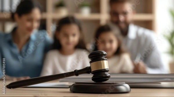 Fototapeta A gavel symbolizes justice as a family engages in important discussions, highlighting the importance of law and family values.