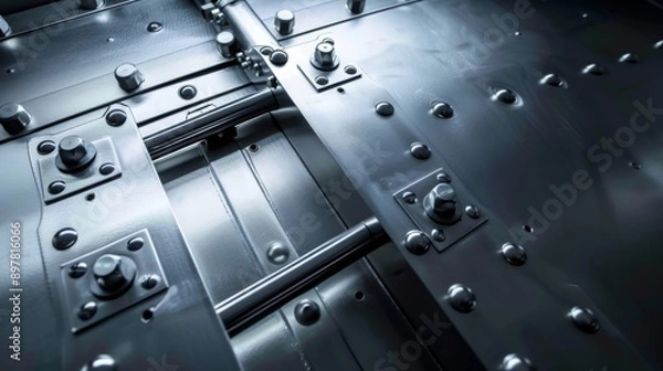 Fototapeta Close-up of a heavy metal vault door with intricate locking mechanisms.