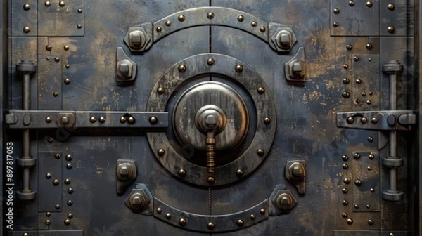 Fototapeta Close-up of an old, rusty metal vault door with a large circular lock.