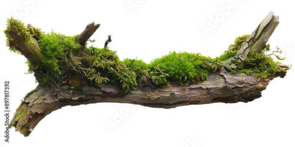 Fototapeta Green moss-covered single broken tree branch isolated in a transparent background. Cut out or PNG.