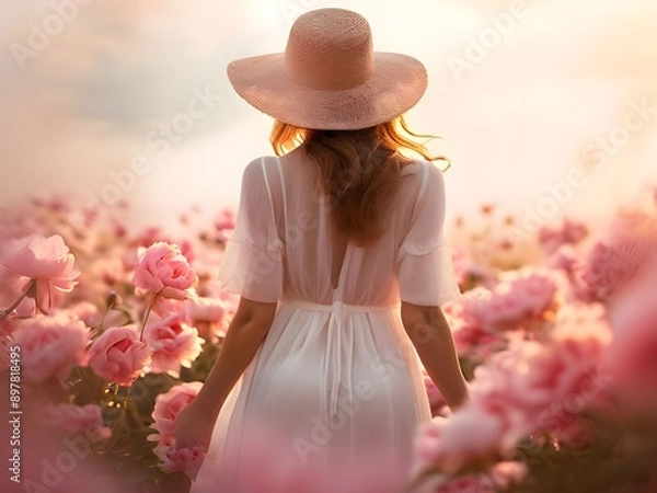 Obraz 분홍 수국사이에 흰 원피스를 입은 여자