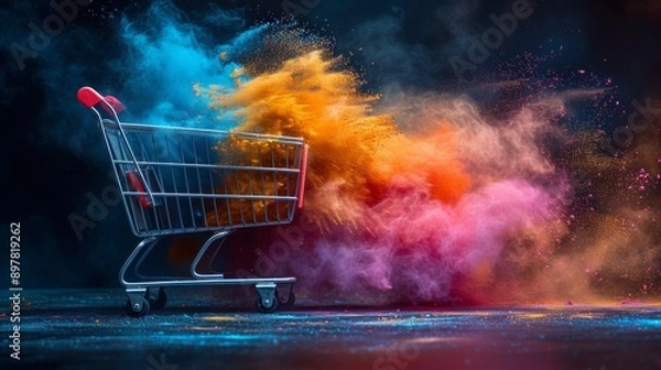 Fototapeta Shopping cart with colorful powder explosion, concept of creativity in retail